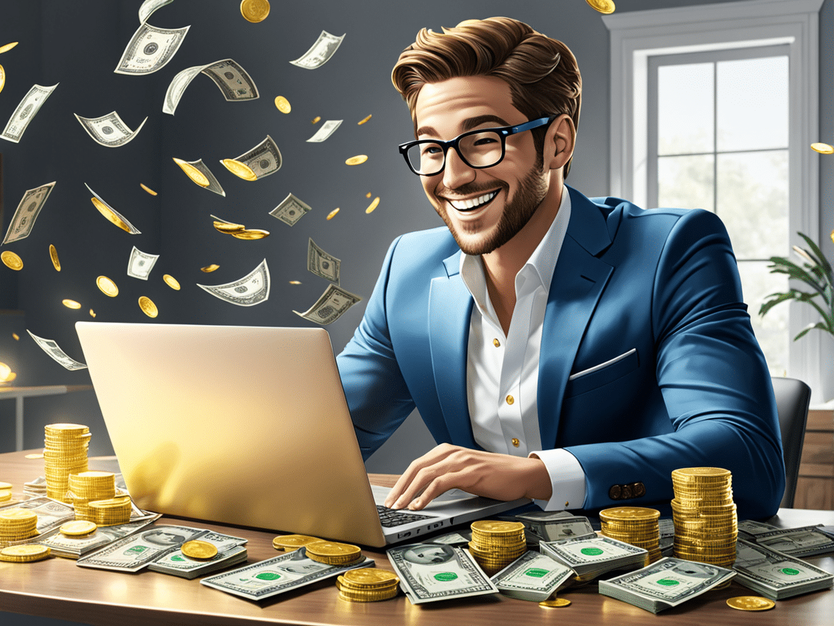 a realistic image of a person making money from home show the person sitting at a desk with a lapto 1