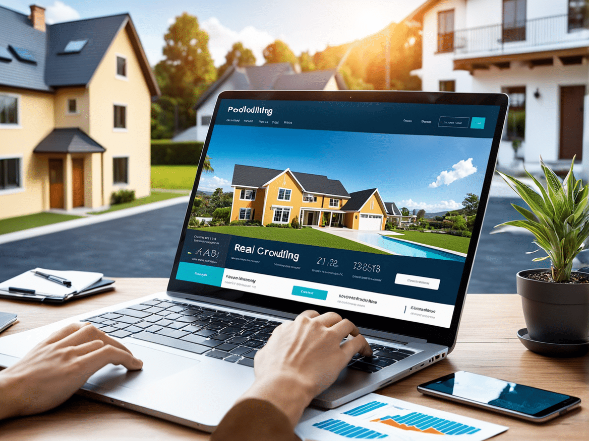 a realistic image of a person using a laptop or smartphone with the screen showing an estate crowdf