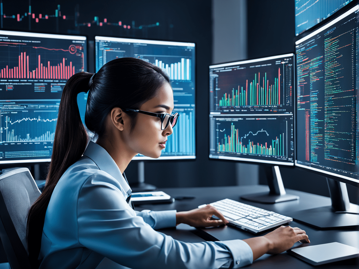 a realistic image of a person working on a computer with code and data visualizations on the screen