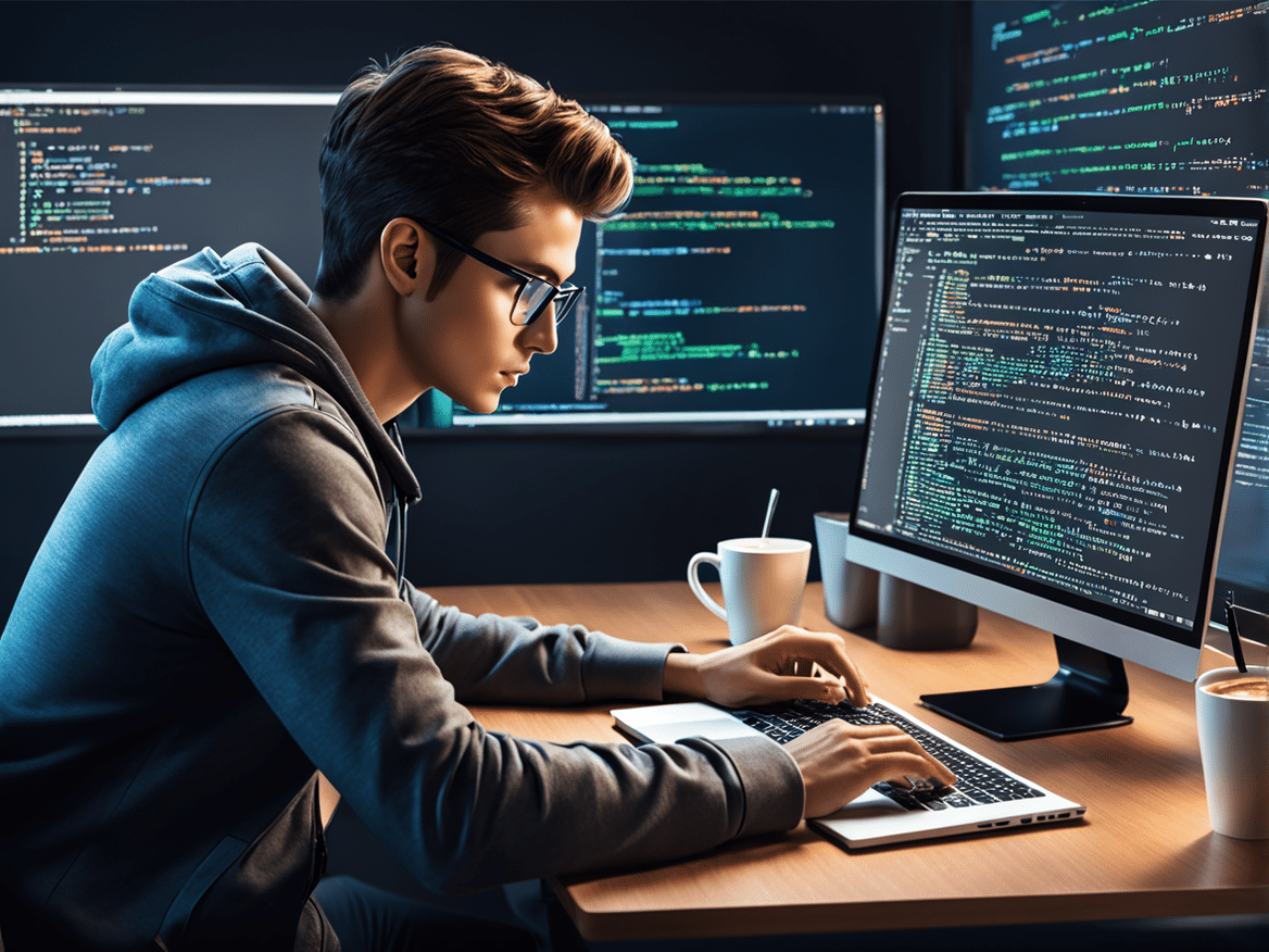 a realistic image of a person working on a laptop writing code on the screen the background should