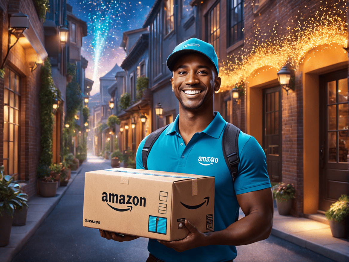 a realistic yet slightly fantastical image of an amazon flex driver show the driver smiling and hol 1