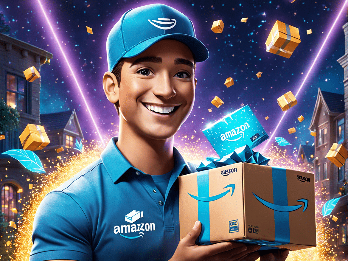 a realistic yet slightly fantastical image of an amazon flex driver show the driver smiling and hol 2