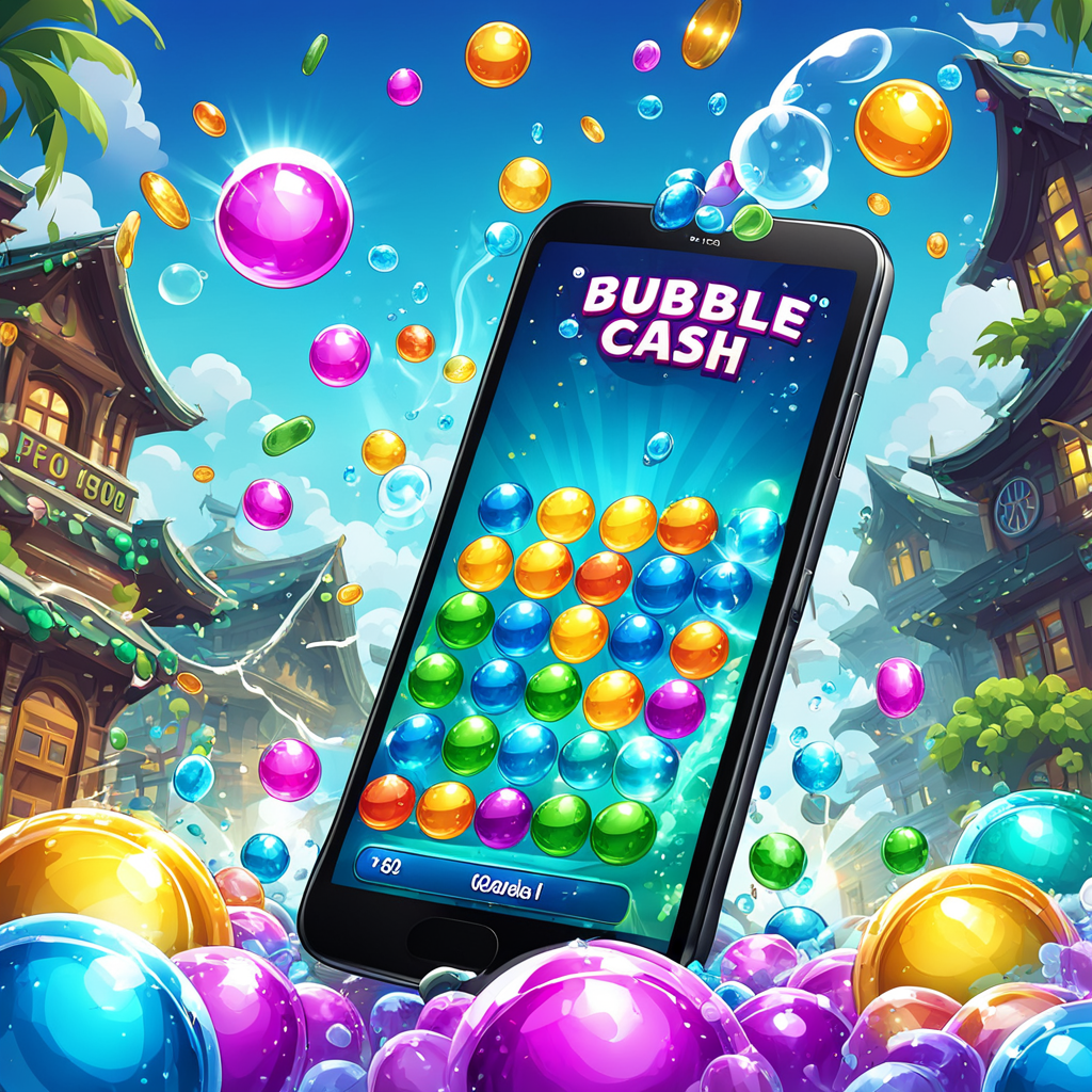 a vibrant and lively illustration of the game bubble cash show a mobile phone screen displaying t