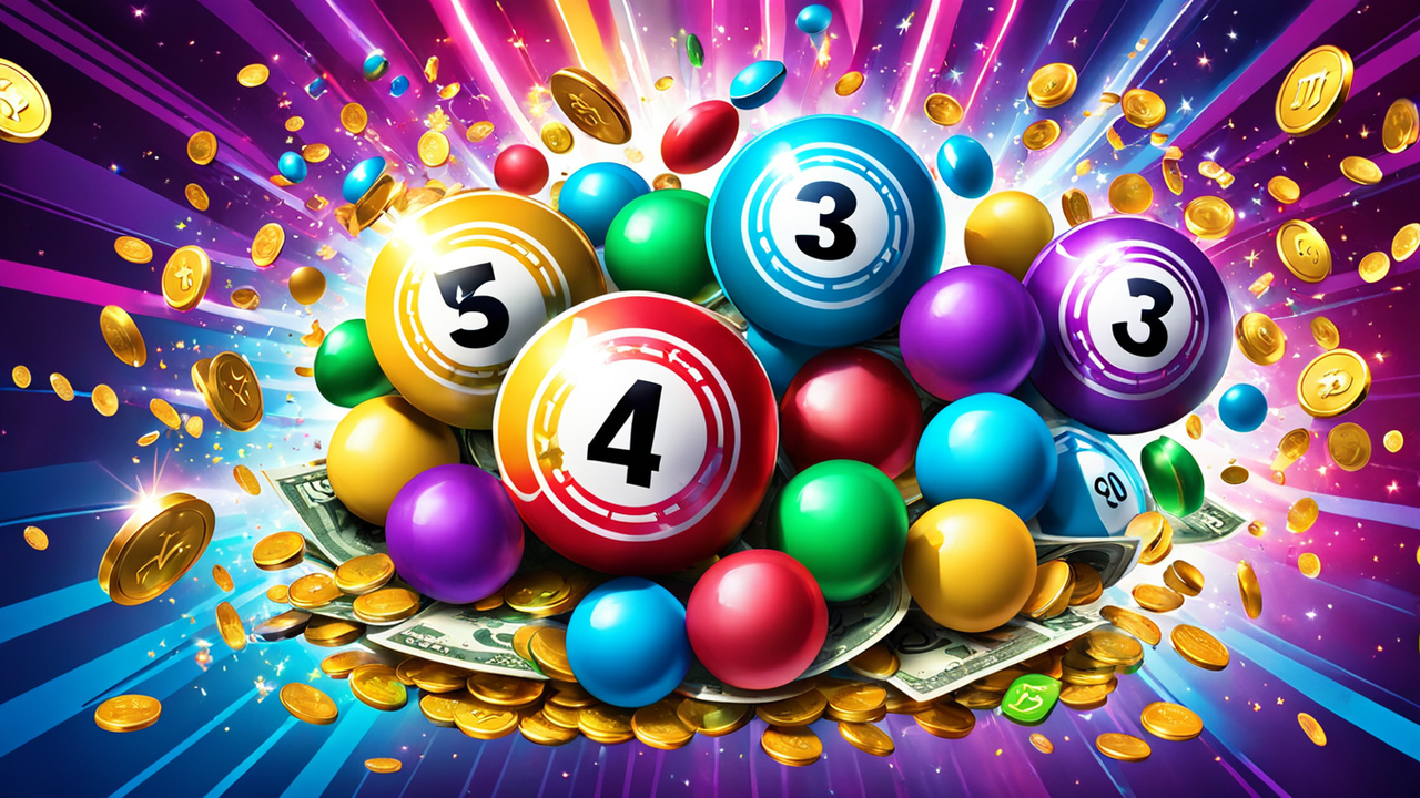 a vibrant and playful image of a jackpot explosion from a digital bingo card with coins and bingo b
