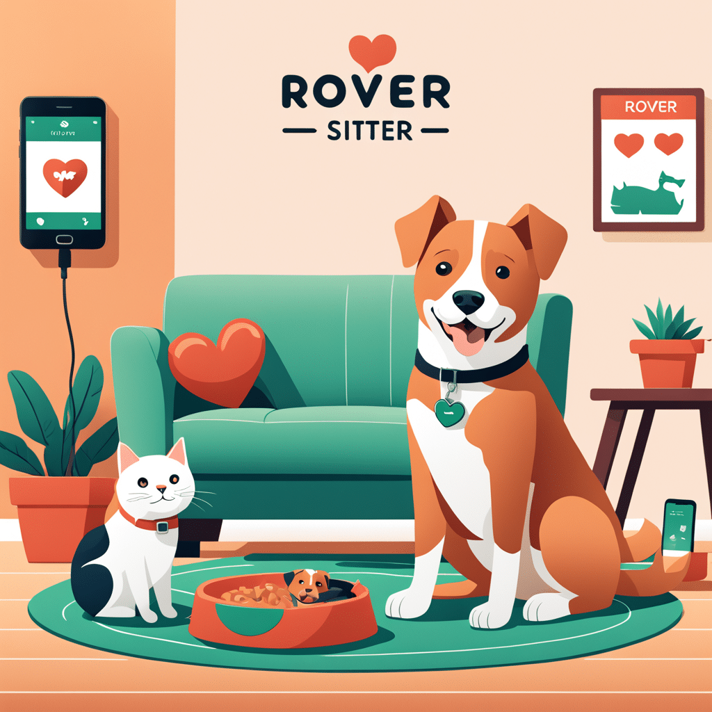 a warm and friendly illustration for rover sitter featuring the brands logo prominently show a
