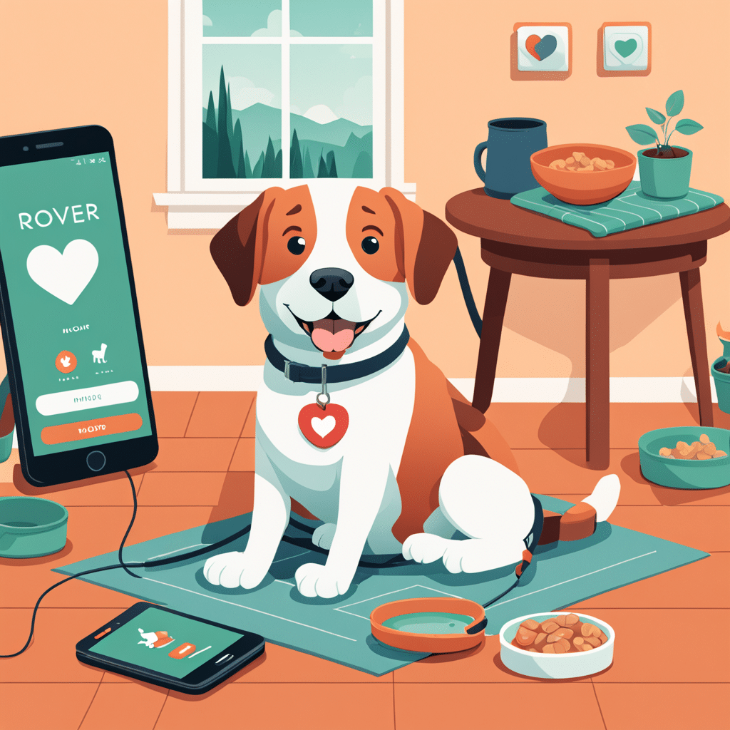 a warm and friendly illustration for rover sitter featuring the brands logo prominently show a 1