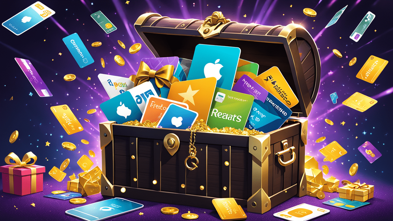 a whimsical illustration of a treasure chest overflowing with digital rewards gift cards and point