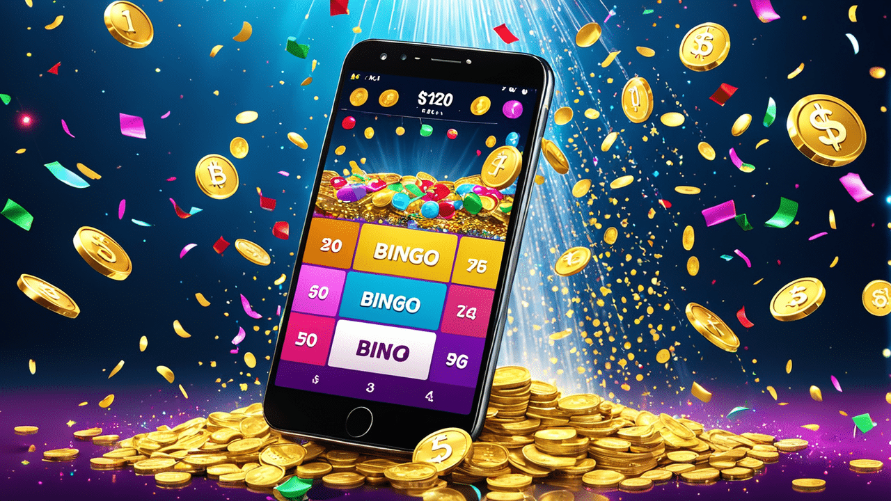 an animated scene where a winning bingo card on a smartphone triggers a shower of gold coins and con