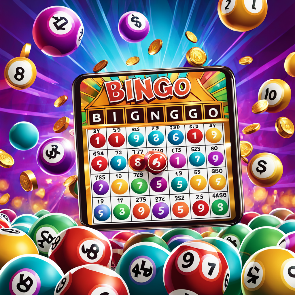 an exciting and colorful illustration of the game bingo clash show a mobile phone screen displayi