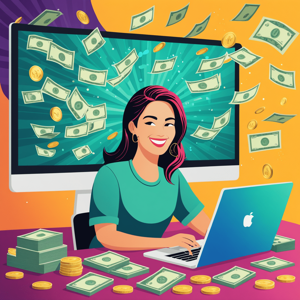 an imaginative and vibrant illustration of a person earning a lot of money through an online course