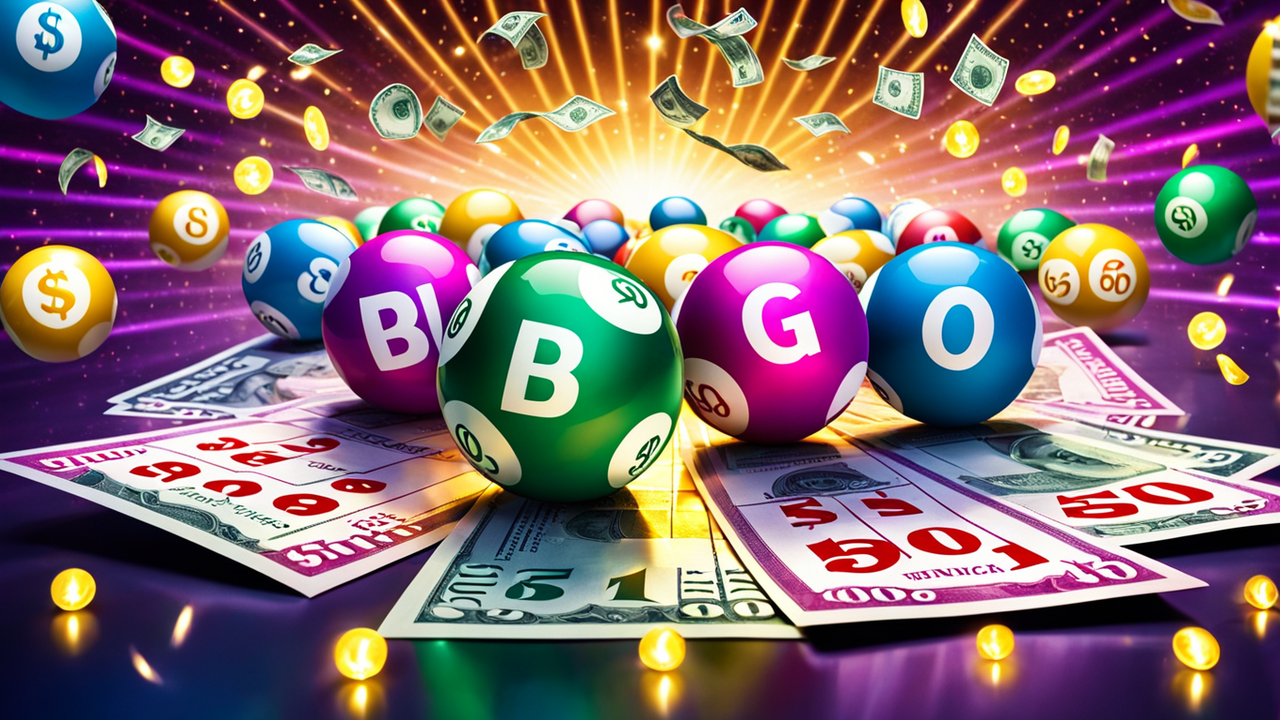 an imaginative scene where bingo balls and dollar bills float around a glowing bingo card the card