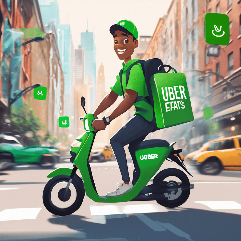 an uber eats driver smiling and delivering food on a busy city street the driver is holding a food 1