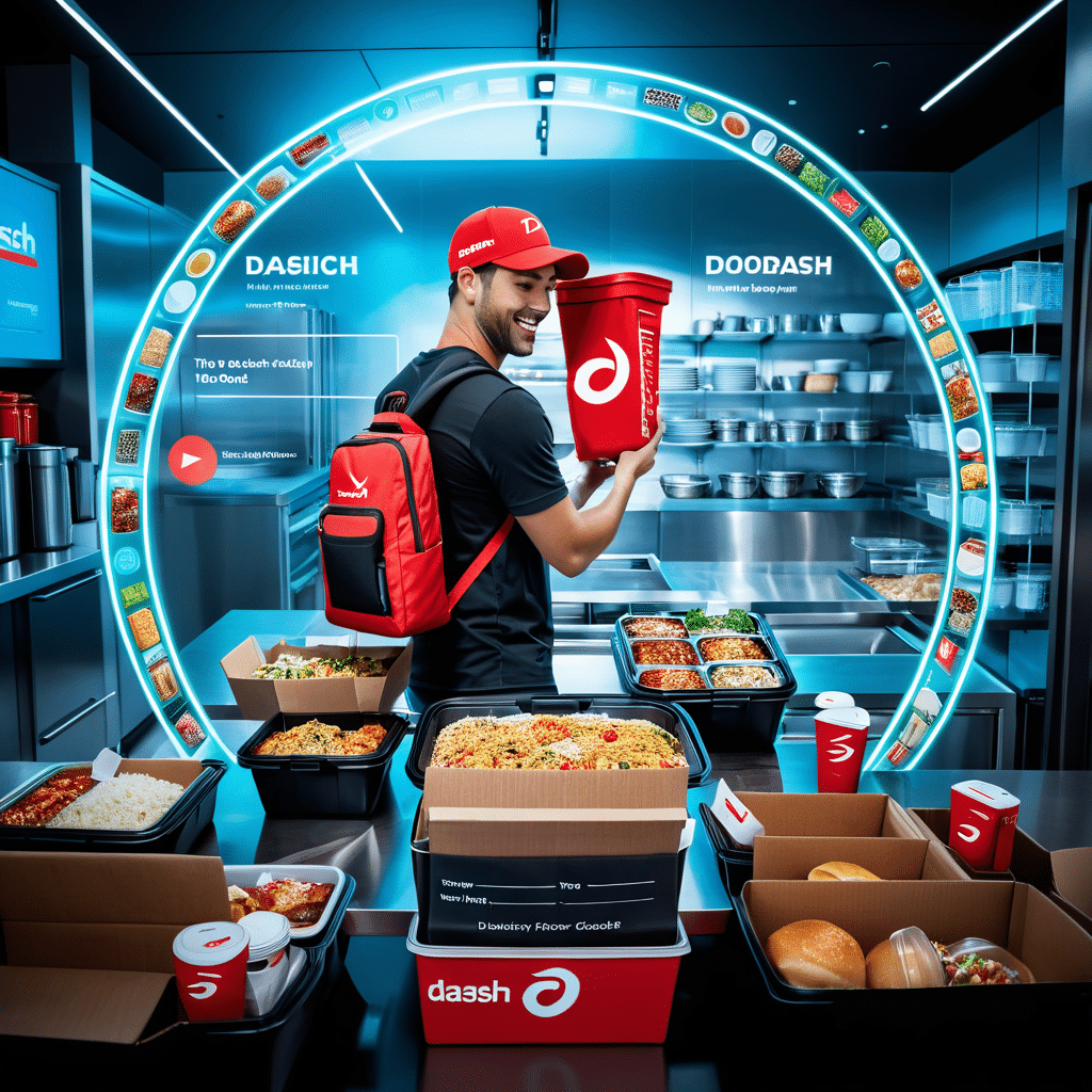 close up of a doordash delivery bag in the foreground overflowing with various food containers beh