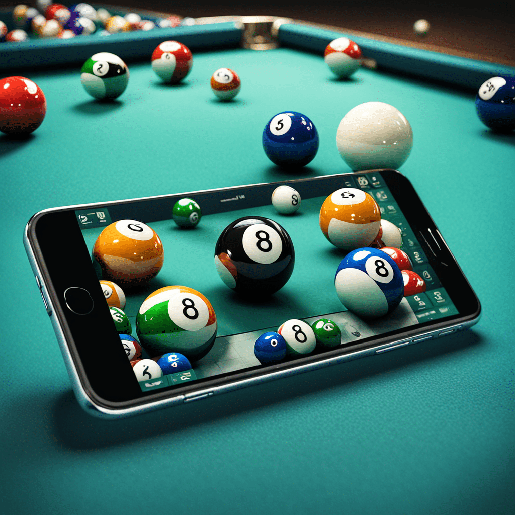 close up of a sleek smartphone displaying the 8 ball strike game interface 3d billiard balls bursti