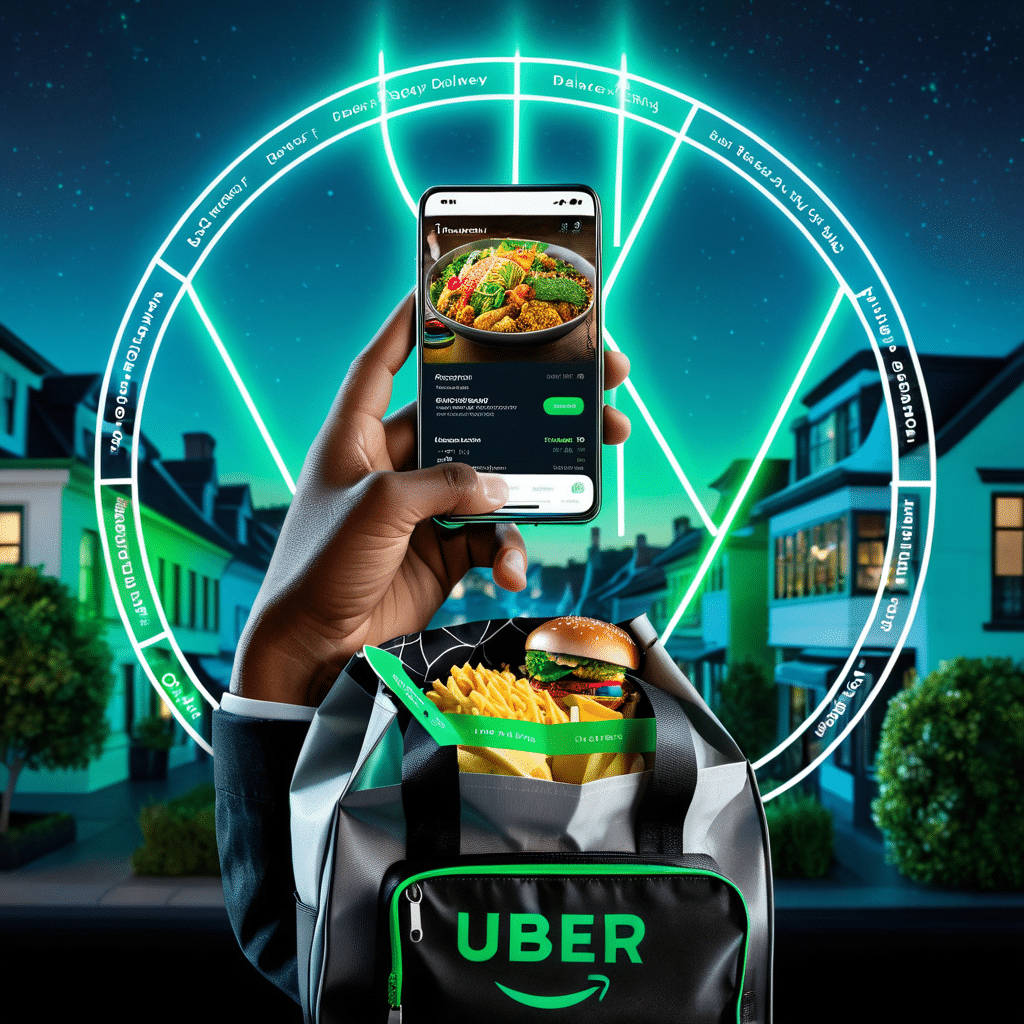 close up of a smartphone displaying the uber eats app interface a 3d hand emerging from the screen 1