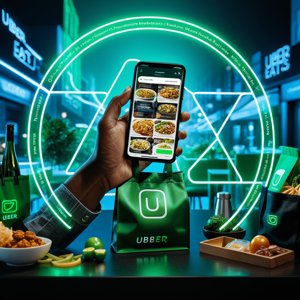 close up of a smartphone displaying the uber eats app interface a 3d hand emerging from the screen