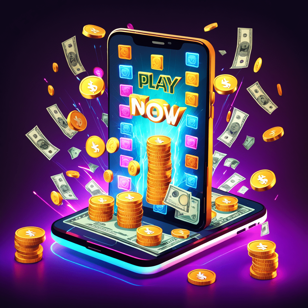 colorful 3d smartphone surrounded by floating game icons and money symbols screen displays a vibran 1