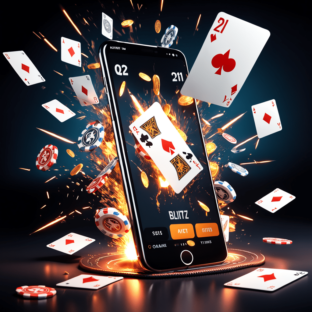 dynamic 3d composition of a smartphone tilted at an angle screen displaying the 21 blitz game inter