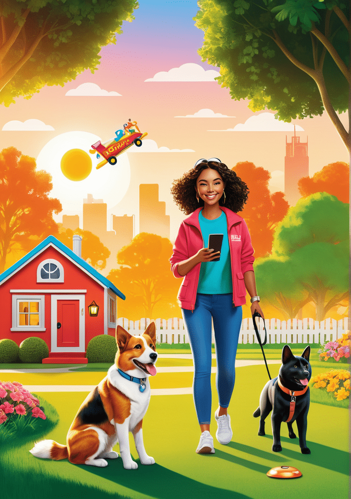 illustration highlighting vibrant rover sitter brand logo smiling pet sitter walking dog engaging