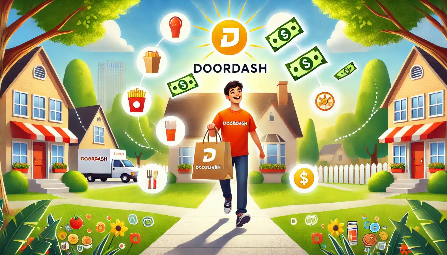 A cheerful illustration of DoorDash driver walking to house