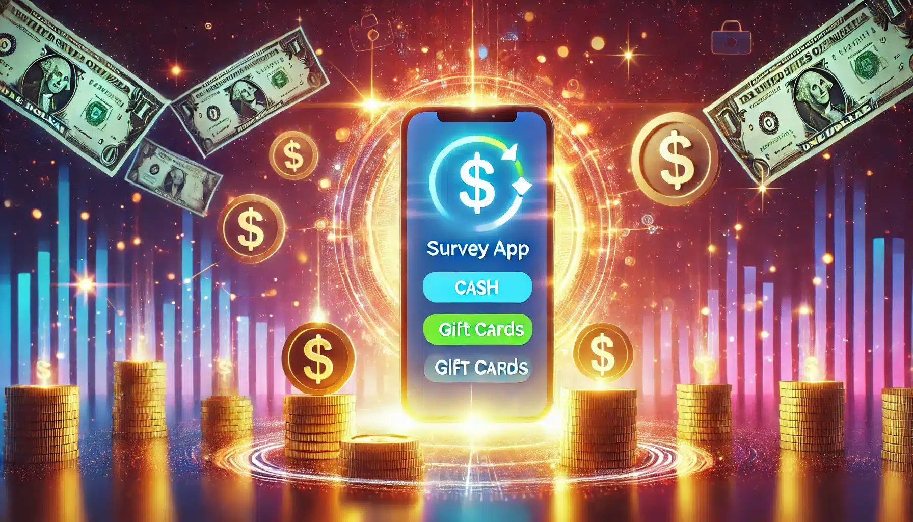A dynamic image of a survey app interface surround