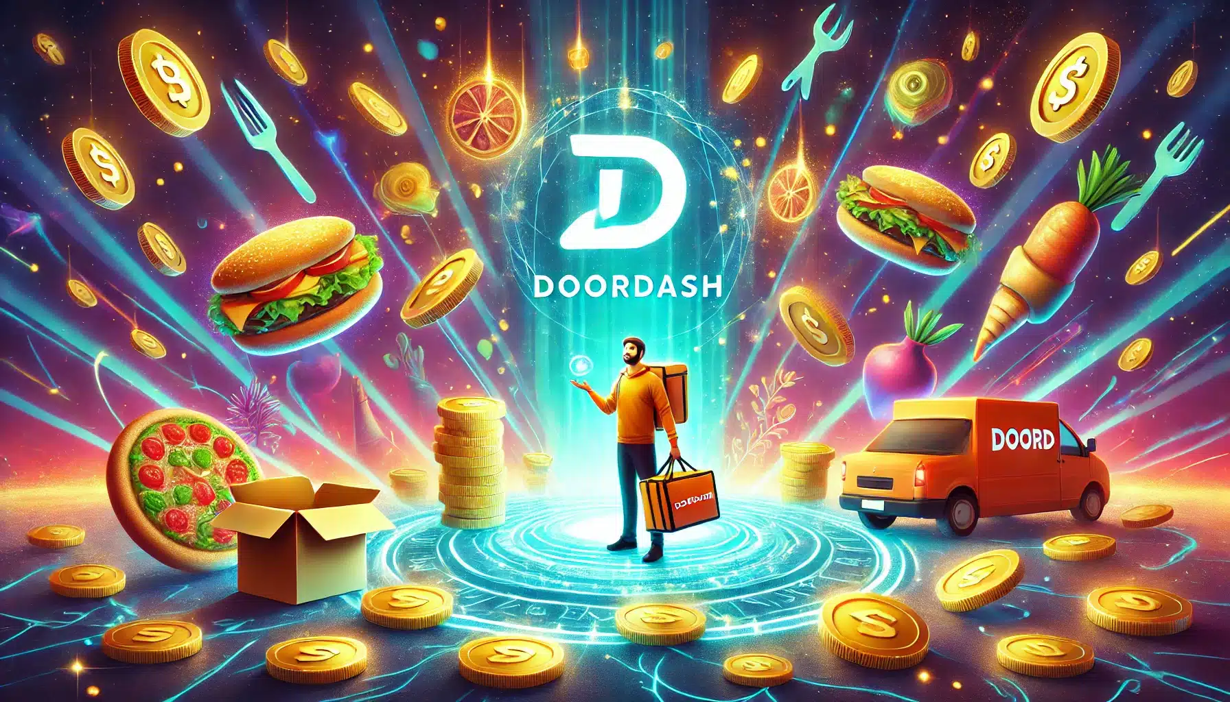 A fantastical illustration of DoorDash logo with glowing items