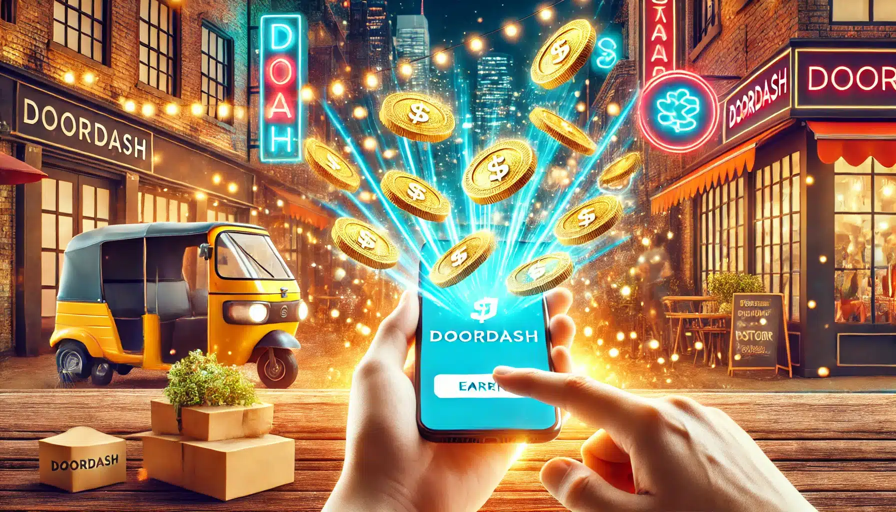 A fun and vibrant scene of DoorDash driver earning coins