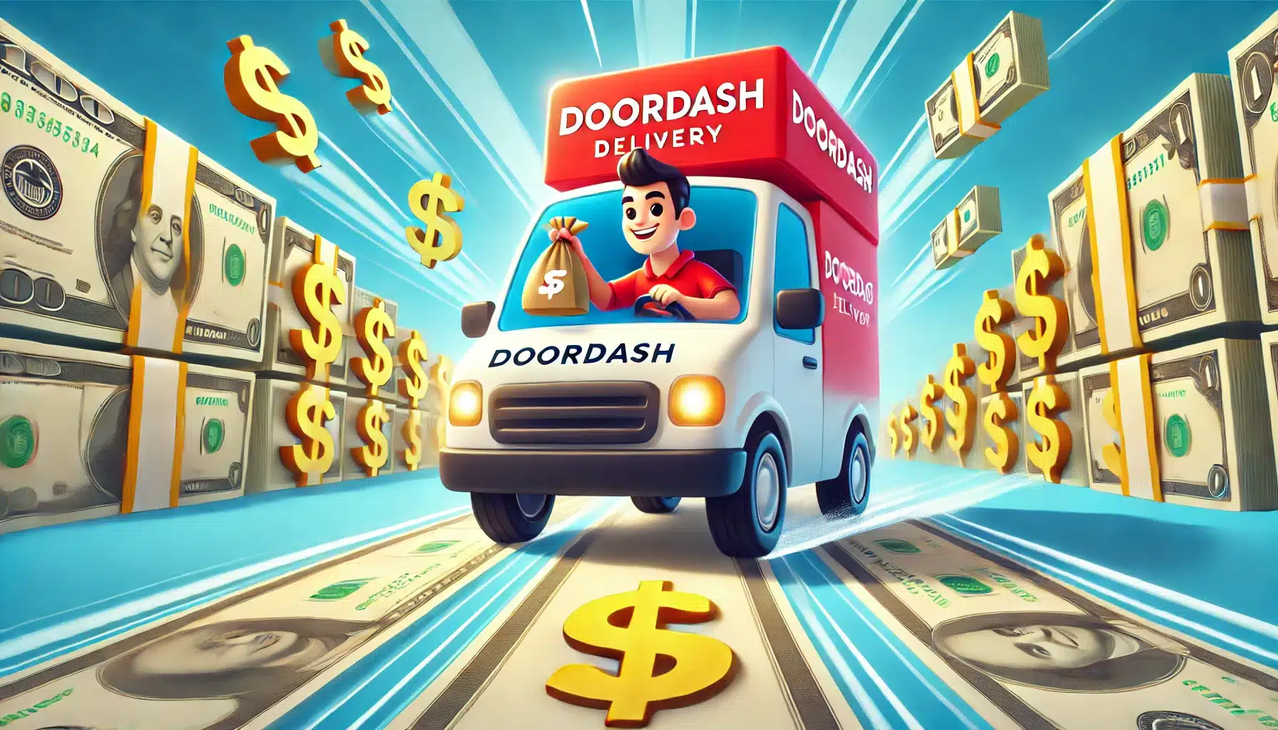 A playful image of DoorDash vehicle with food bag