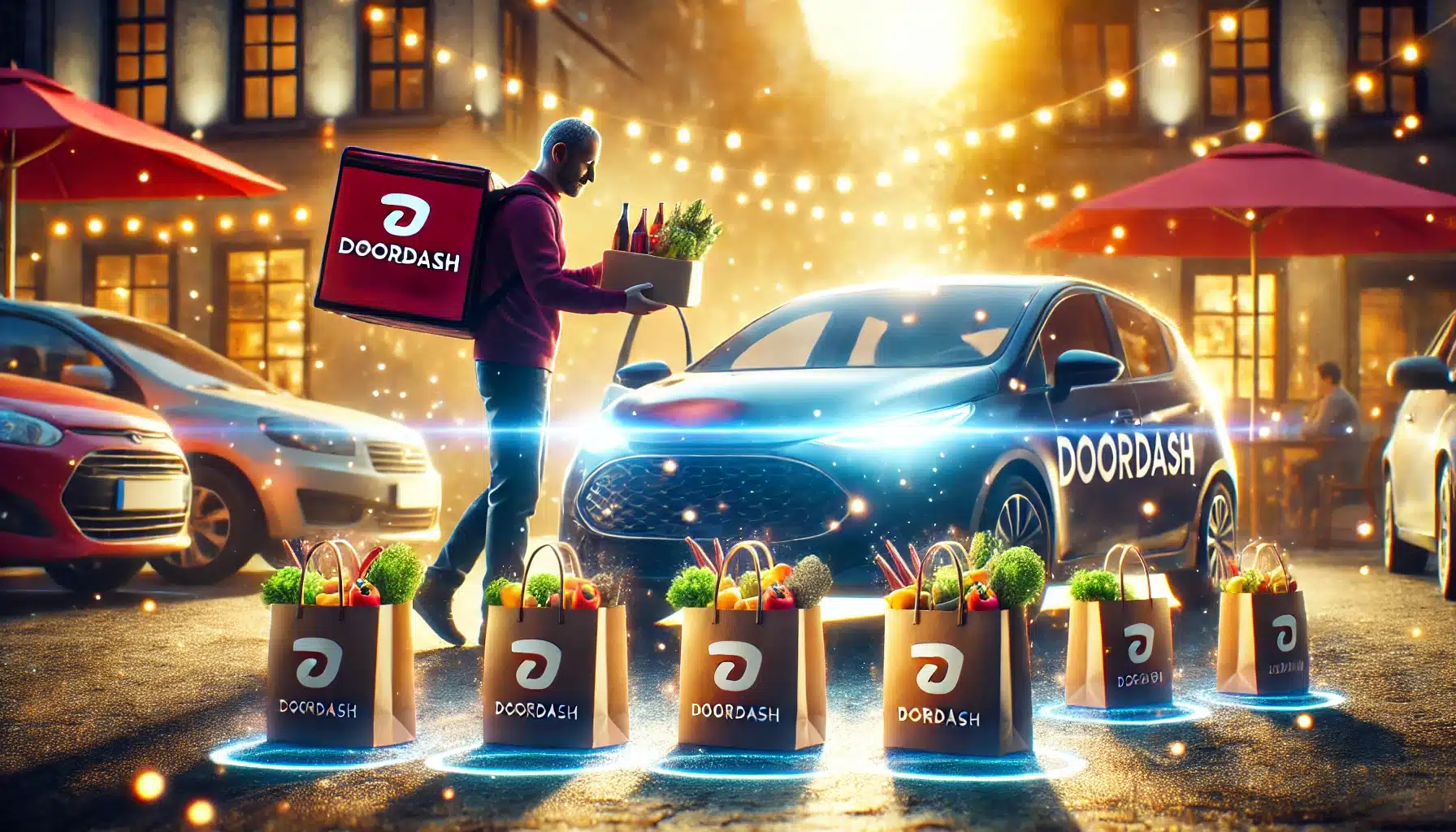 A realistic depiction of DoorDash driver loading car