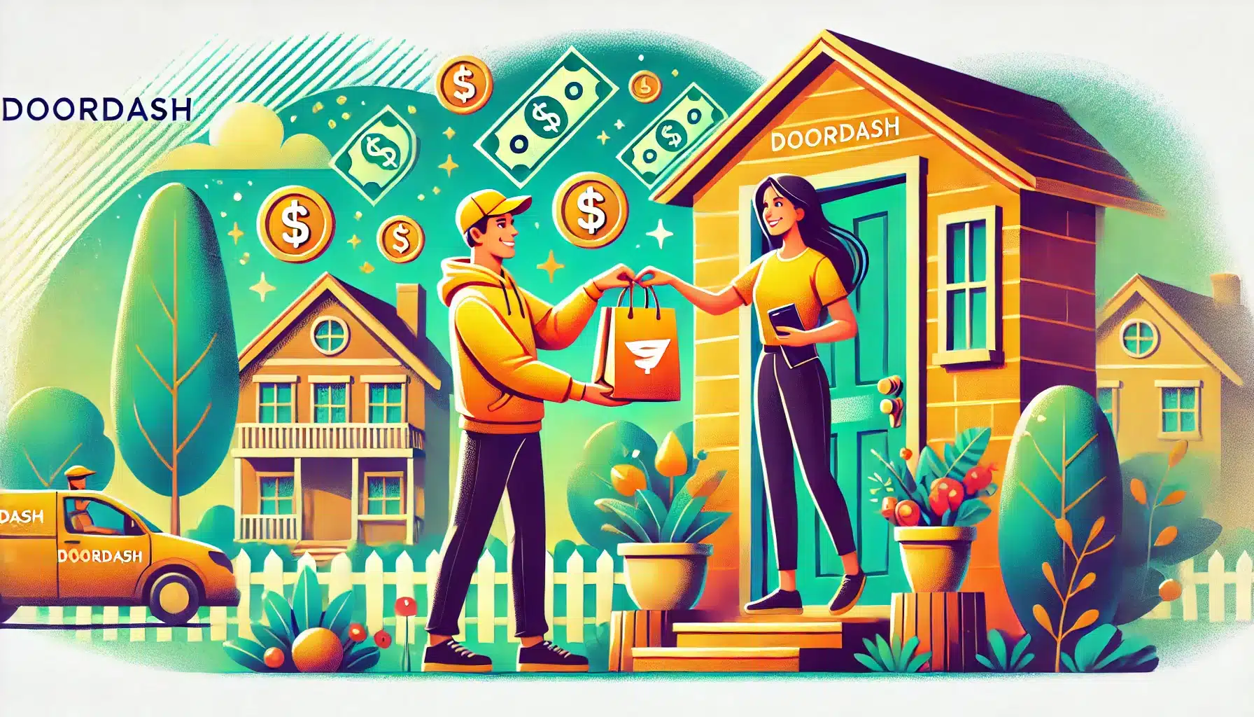 A vibrant illustration of DoorDash driver handing food