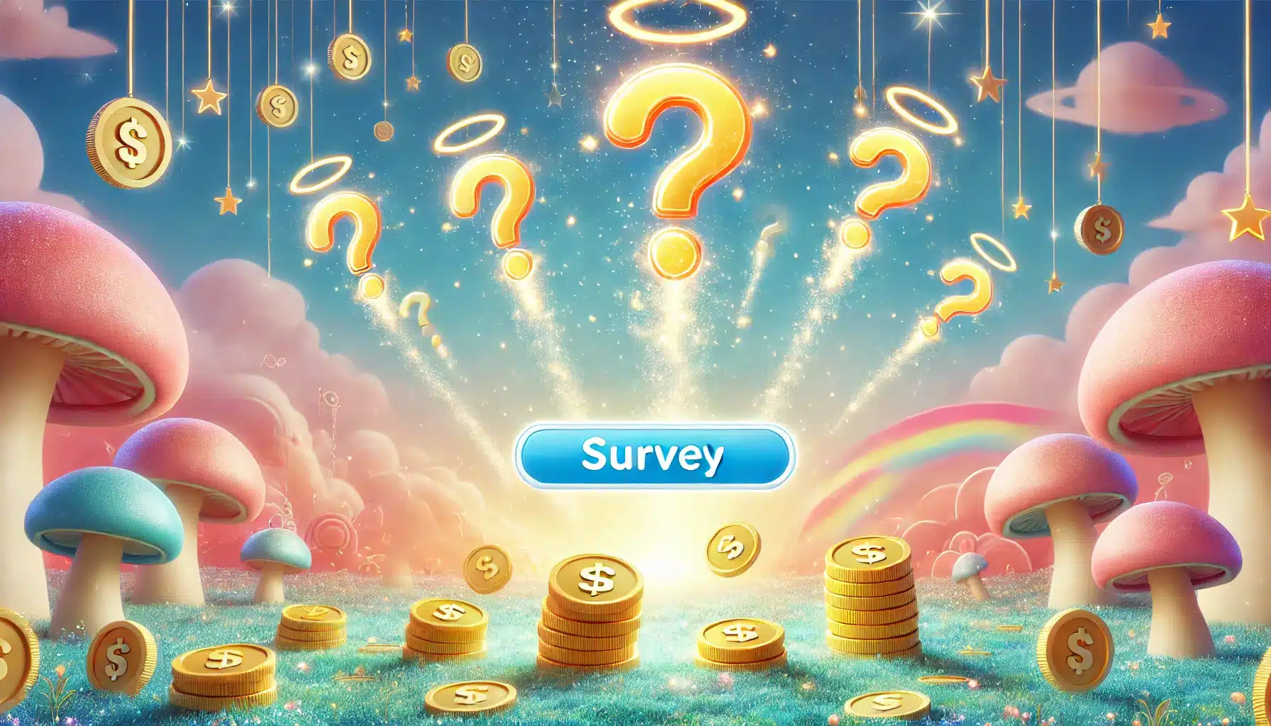 A whimsical scene where survey questions float in
