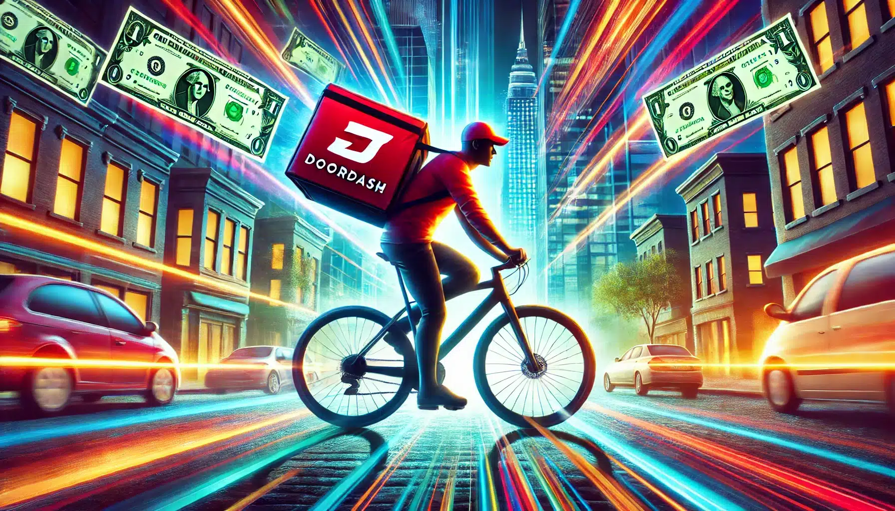 An artistic depiction of DoorDash driver on bike in city