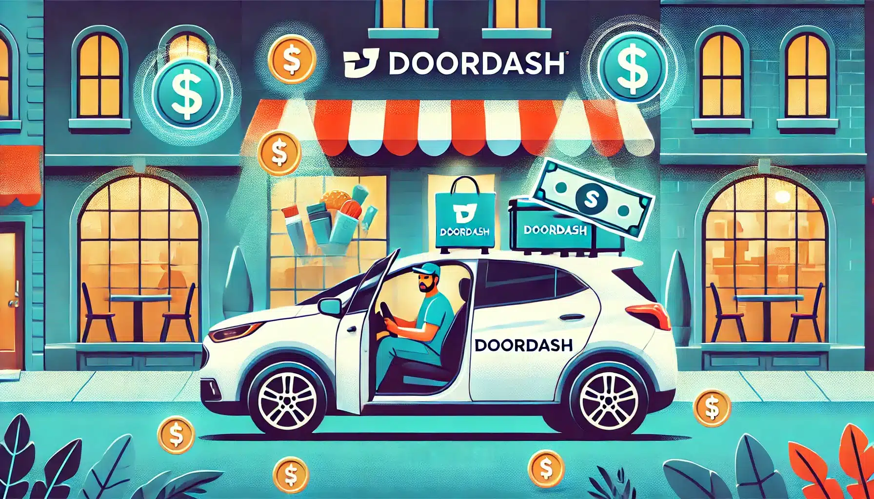 An engaging illustration of DoorDash car at restaurant